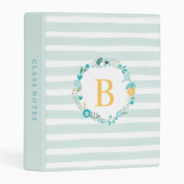 Aqua and Yellow Floral Monogram Mini Binder (Front/Spine)