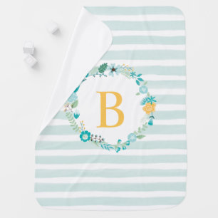 Aqua and Yellow Floral Monogram Swaddle Blanket