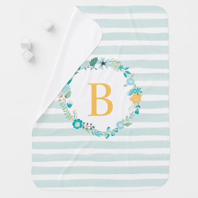 Aqua and Yellow Floral Monogram Swaddle Blanket (In Situ)