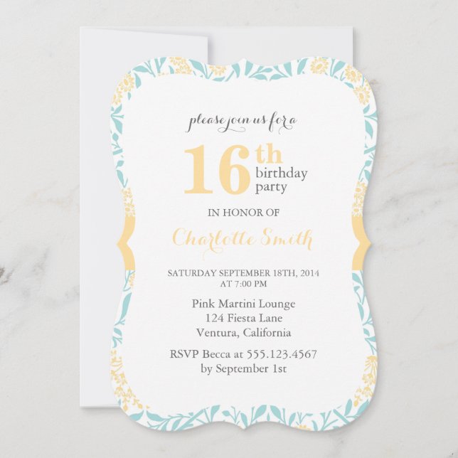 Aqua and Yellow Floral Pattern Birthday Party Invitation (Front)