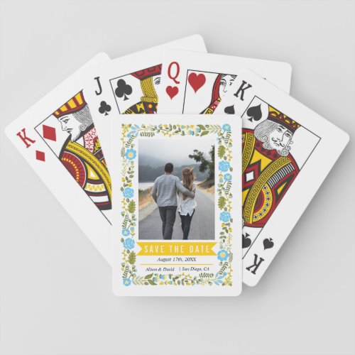 Aqua and yellow flowers Save the Date photo Playing Cards