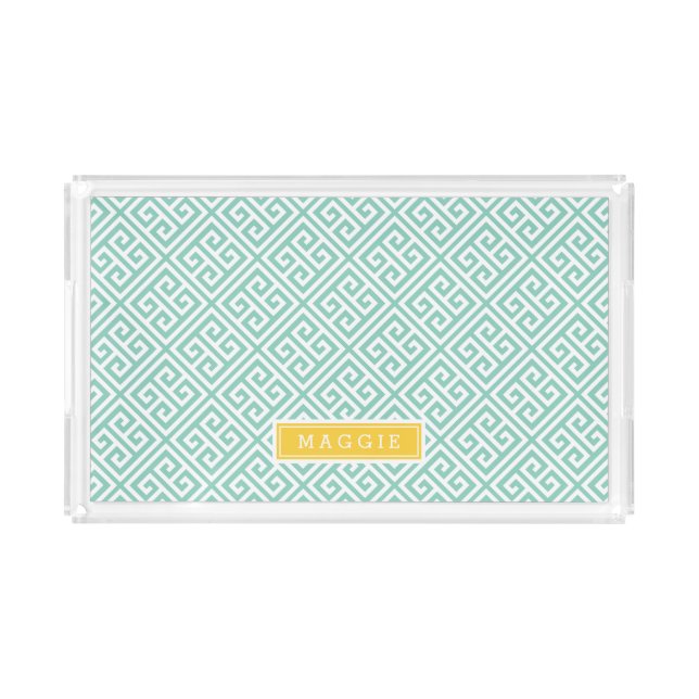 Aqua and Yellow Greek Key Monogram Acrylic Tray (Front)
