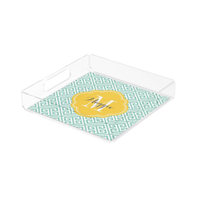 Aqua and Yellow Greek Key Monogram Acrylic Tray (Angled)