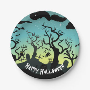 Aqua and yellow haunted graveyard Halloween Paper Plates
