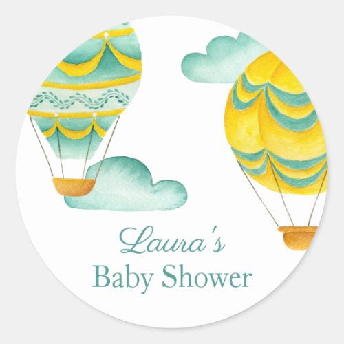 Aqua and Yellow Hot Air Balloons Baby Shower Classic Round Sticker