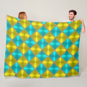 Aqua and Yellow Metallic Looking Squares with Gold Fleece Blanket
