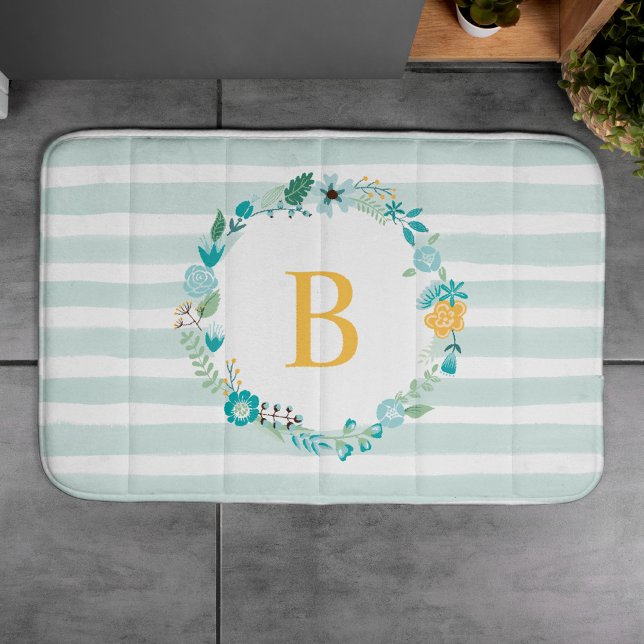 Aqua and Yellow Monogrammed Floral Wreath Bathroom Mat (Creator Uploaded)