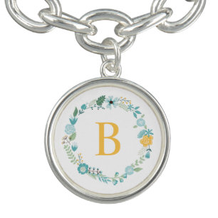 Aqua and Yellow Monogrammed Floral Wreath Charm Bracelet