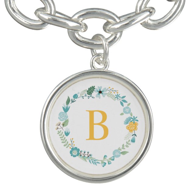 Aqua and Yellow Monogrammed Floral Wreath Charm Bracelet (Design)