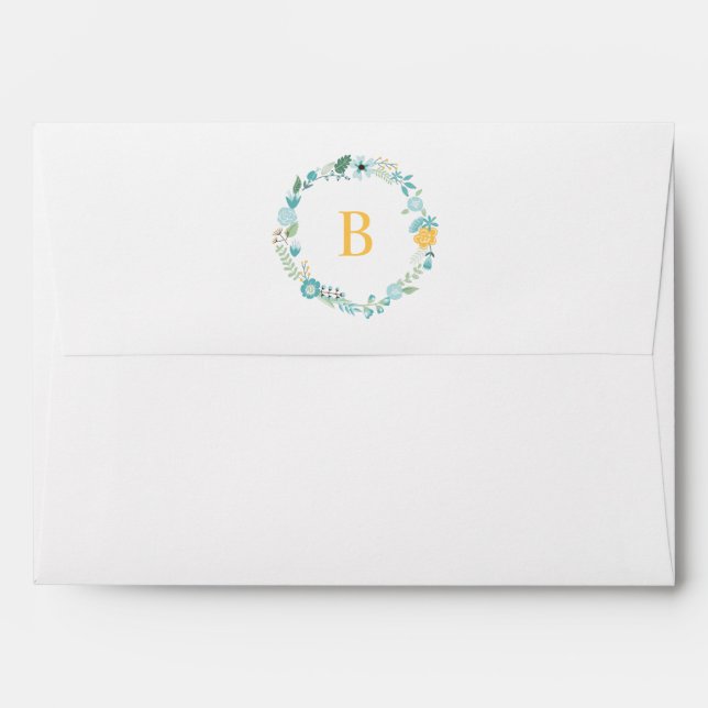 Aqua and Yellow Monogrammed Floral Wreath Envelope (Back (Top Flap))