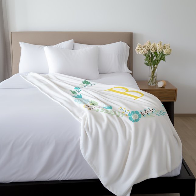 Aqua and Yellow Monogrammed Floral Wreath Fleece Blanket (Creator Uploaded)