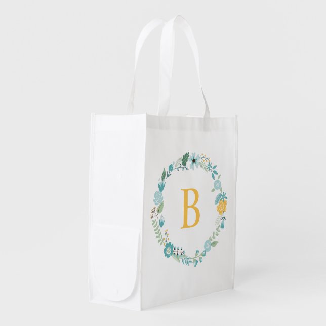 Aqua and Yellow Monogrammed Floral Wreath Grocery Bag (Front Side)