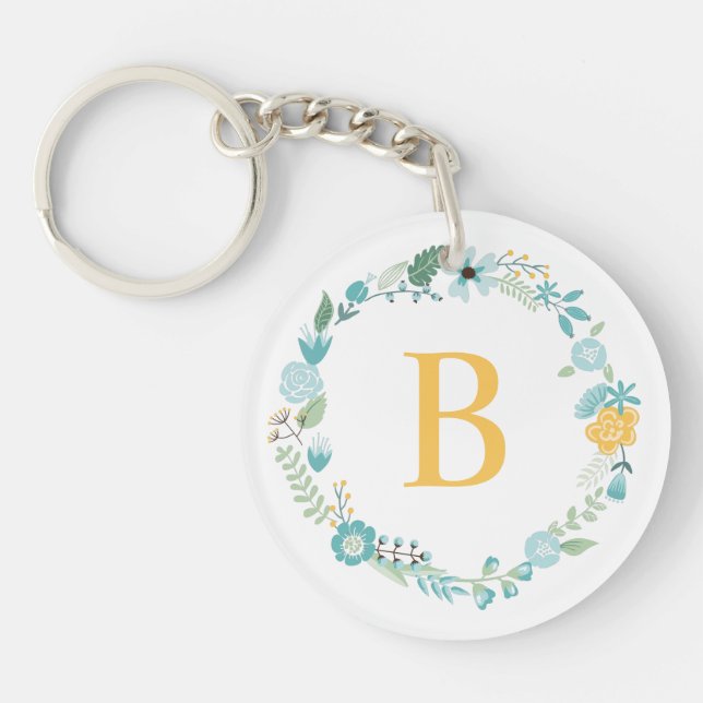 Aqua and Yellow Monogrammed Floral Wreath Keychain (Front)