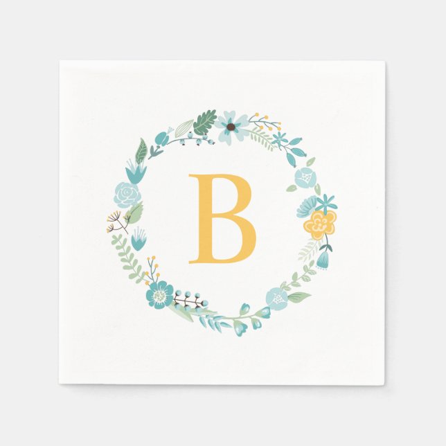 Aqua and Yellow Monogrammed Floral Wreath Napkins (Front)