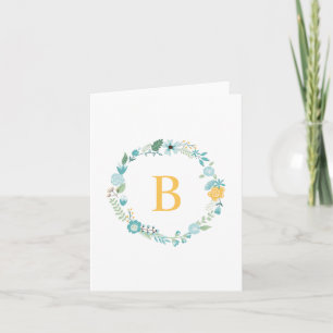 Aqua and Yellow Monogrammed Floral Wreath Note Card