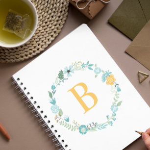 Aqua and Yellow Monogrammed Floral Wreath Notebook