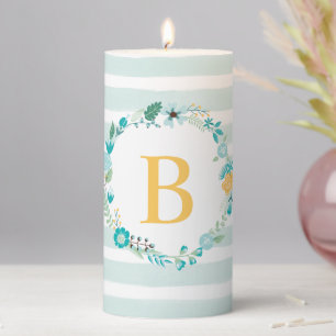 Aqua and Yellow Monogrammed Floral Wreath Pillar Candle