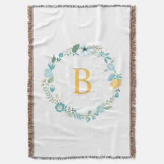 Aqua and Yellow Monogrammed Floral Wreath Throw