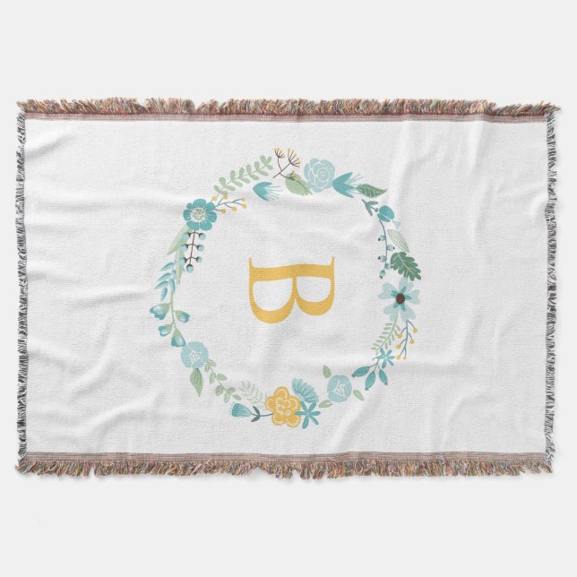 Aqua and Yellow Monogrammed Floral Wreath Throw Blanket (Front)