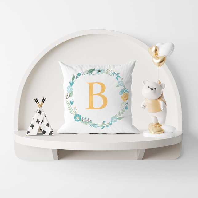 Aqua and Yellow Monogrammed Floral Wreath Throw Pillow (Creator Uploaded)