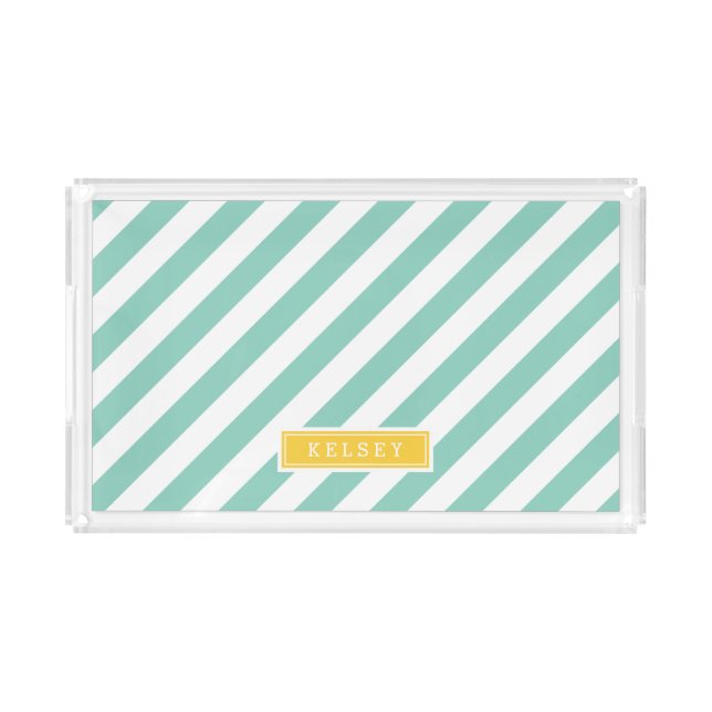 Aqua and Yellow Preppy Stripes Monogram Acrylic Tray (Front)