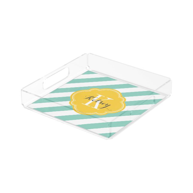 Aqua and Yellow Preppy Stripes Monogram Acrylic Tray (Angled)