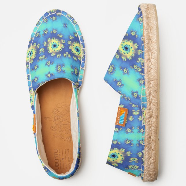 Aqua and Yellow Tie Dye Fractal Spiral Pattern Espadrilles (Side)