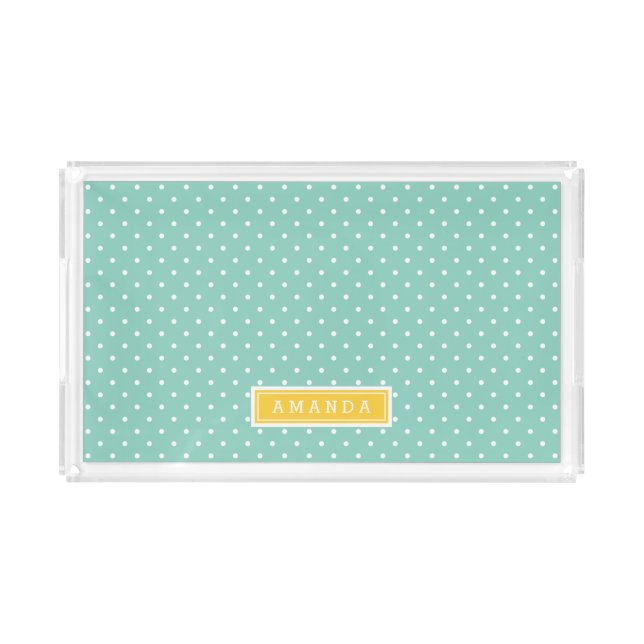 Aqua and Yellow Tiny Dots Monogram Acrylic Tray (Front)