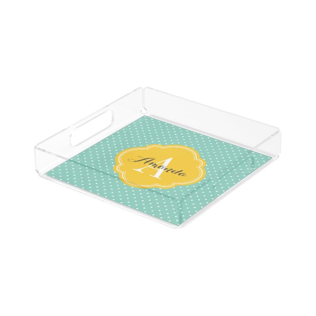 Aqua and Yellow Tiny Dots Monogram Acrylic Tray (Angled)