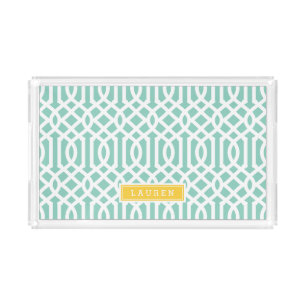 Aqua and Yellow Trellis Monogram Acrylic Tray