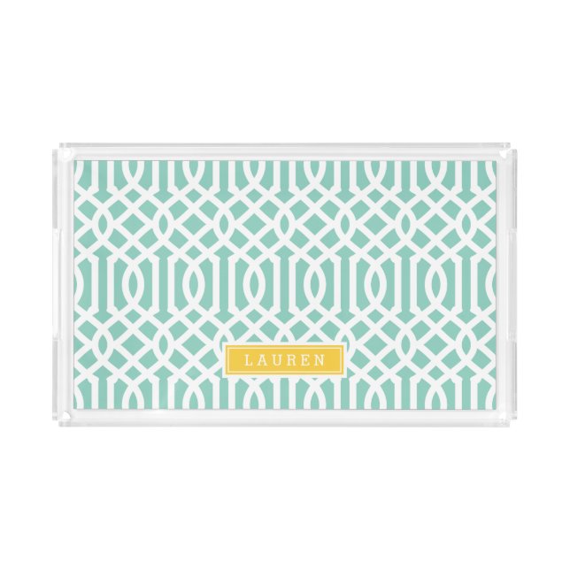 Aqua and Yellow Trellis Monogram Acrylic Tray (Front)