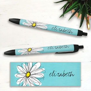 Aqua and Yellow Whimsical Daisy Custom Text Black Ink Pen
