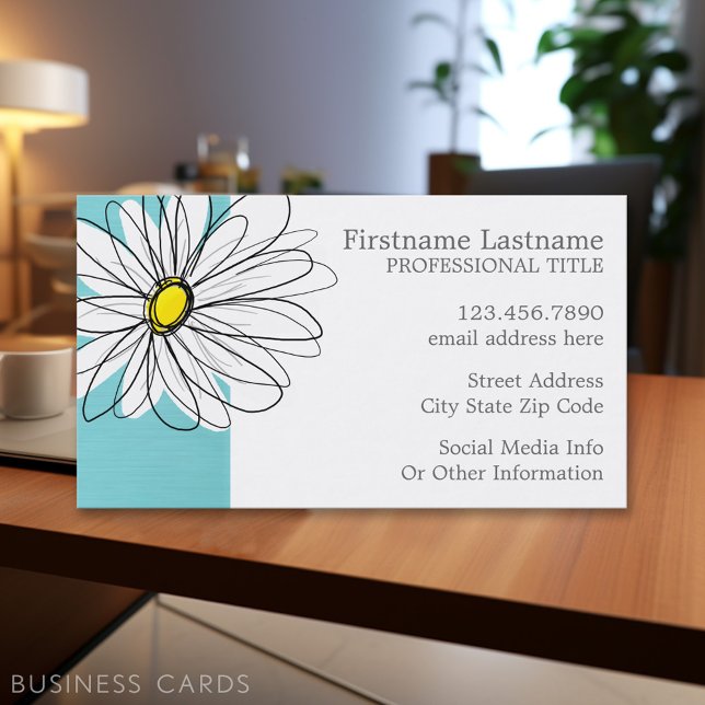 Aqua and Yellow Whimsical Daisy Custom Text Business Card (Personalized Printed Business Cards)