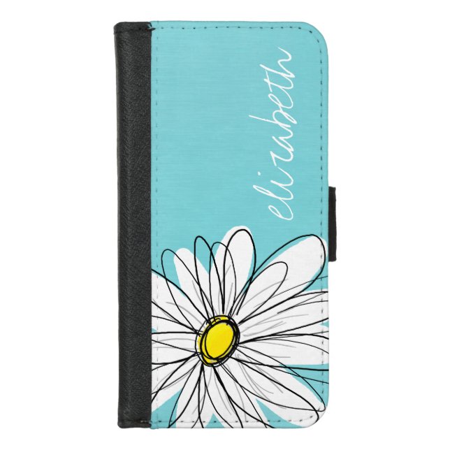 Aqua and Yellow Whimsical Daisy Custom Text iPhone Wallet Case (Front)