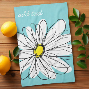 Aqua and Yellow Whimsical Daisy Custom Text Kitchen Towel