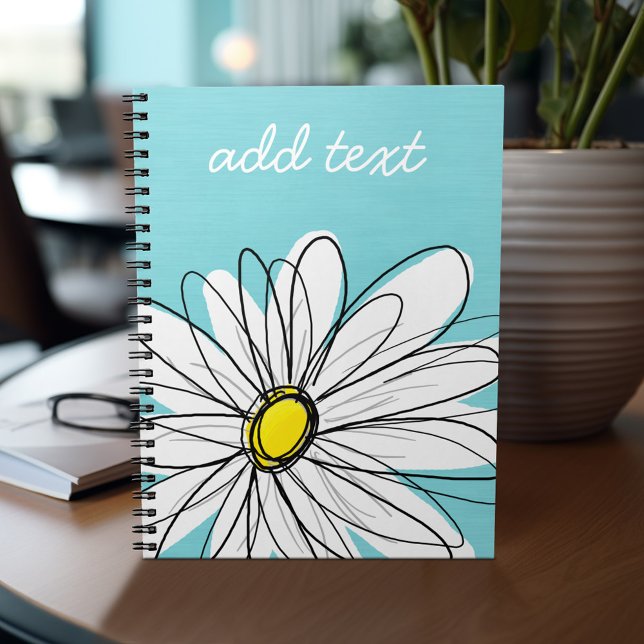 Aqua and Yellow Whimsical Daisy Custom Text Notebook (Personalized notebook - add name and custom text)
