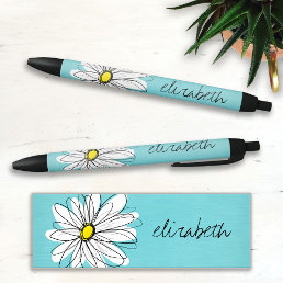 Aqua and Yellow Whimsical Daisy Custom Text Pen