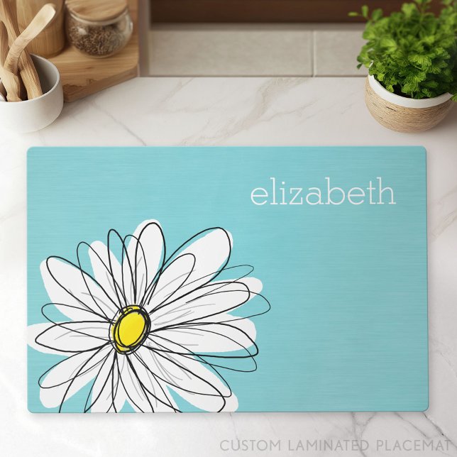 Aqua and Yellow Whimsical Daisy Custom Text Placemat (Custom Laminated Placemat)