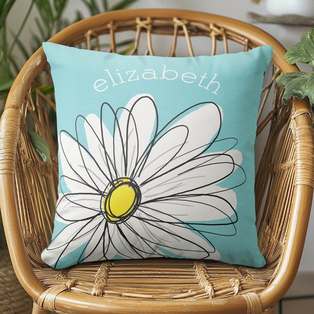 Aqua and Yellow Whimsical Daisy Custom Text Throw Pillow (Daisy Pillow)