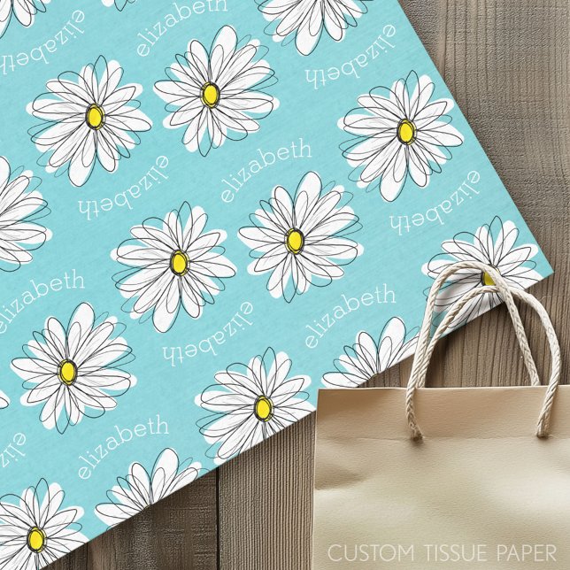 Aqua and Yellow Whimsical Daisy Custom Text Tissue Paper (Custom Tissue Paper)