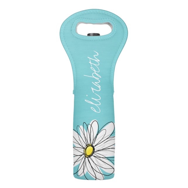 Aqua and Yellow Whimsical Daisy Custom Text Wine Bag (Front)