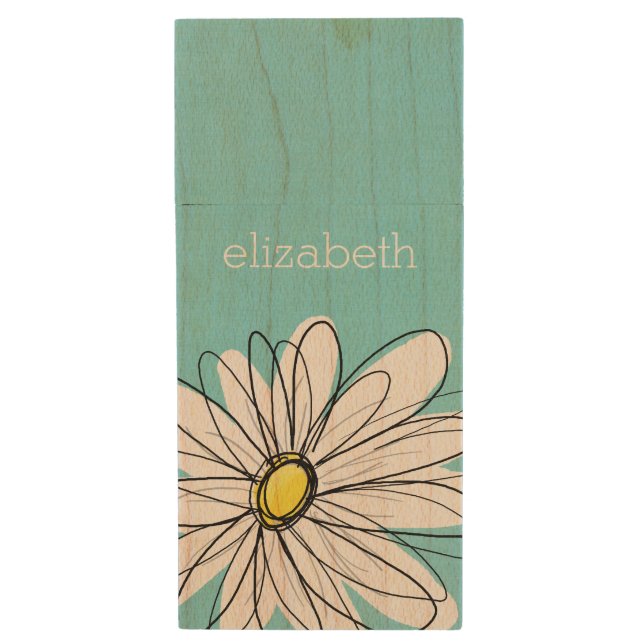 Aqua and Yellow Whimsical Daisy Custom Text Wood USB Flash Drive (Front Vertical)