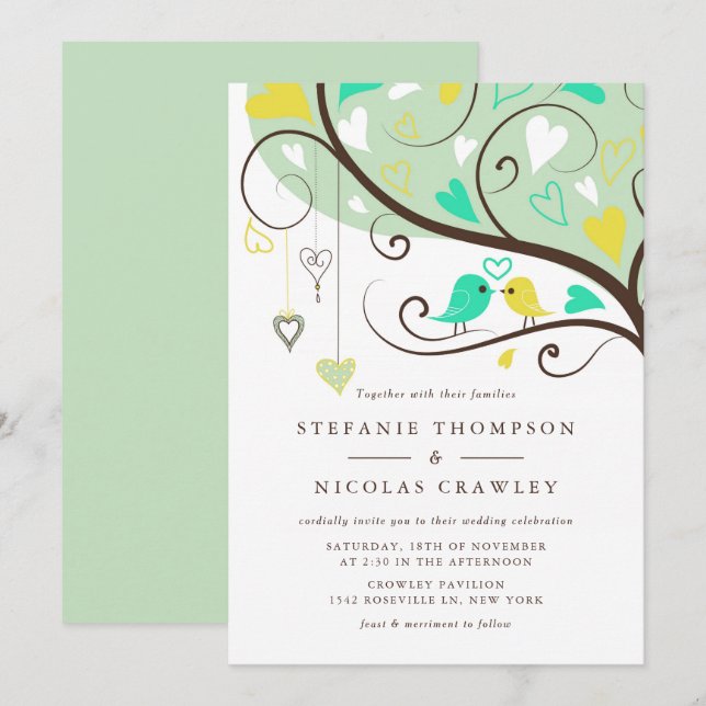 Aqua and Yellow Whimsical Lovebirds Wedding Invitation (Front/Back)