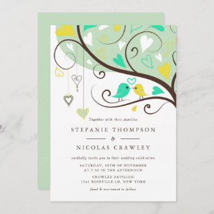 Aqua and Yellow Whimsical Lovebirds Wedding Invitation