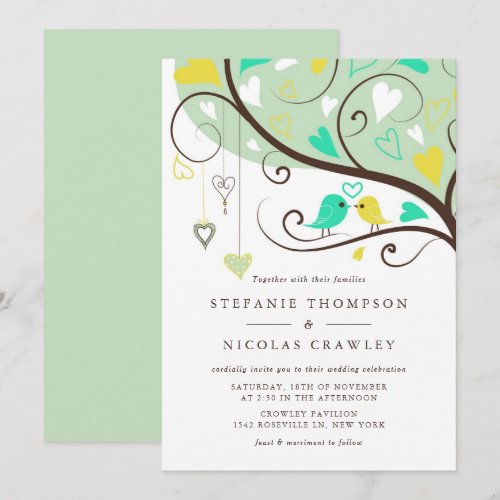Green and Yellow Love Birds Wedding Invitation