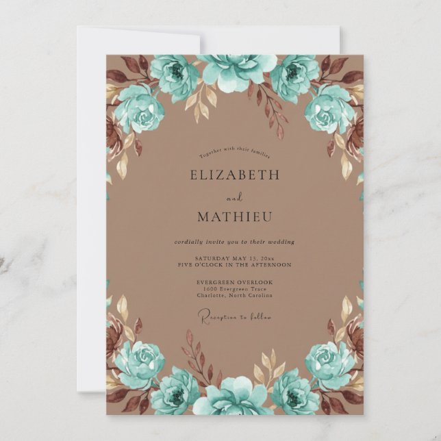 Aqua Antique Copper Painted Wedding Invitation (Front)