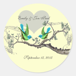 Aqua & Apple Green Vintage Birds Wedding Stickers