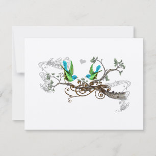 Aqua & Apple Green Vintage Love Birds Wedding RSVP Card
