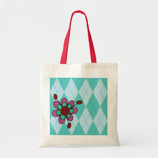 Aqua Argyle & Flower Tote Bag (Front)