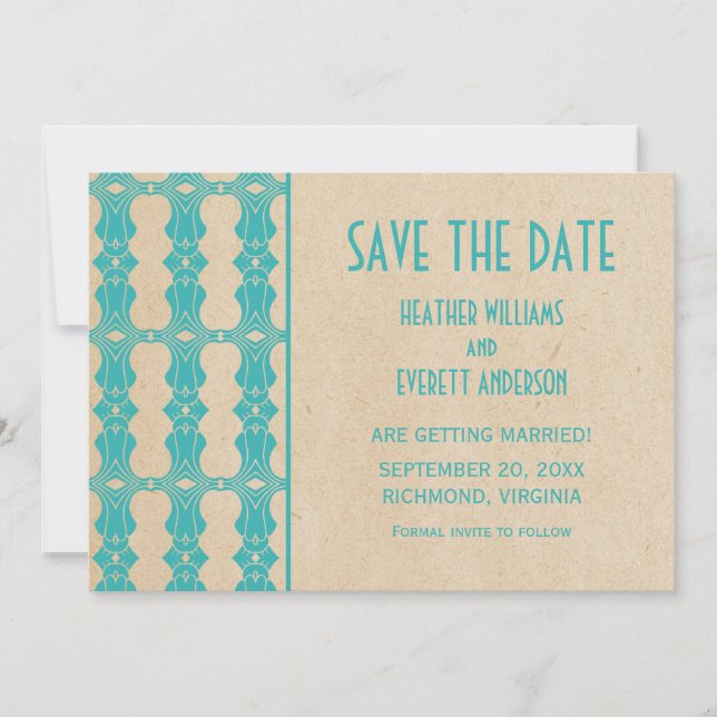 Aqua Art Deco Border Save the Date Invite (Front)